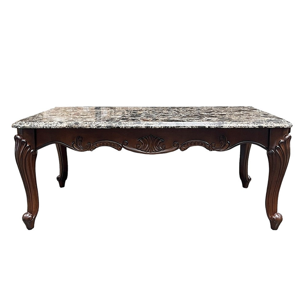 Benjara Aliya Coffee Table, Rectangular 48 Inch Marble Top, Cherry Brown Wood