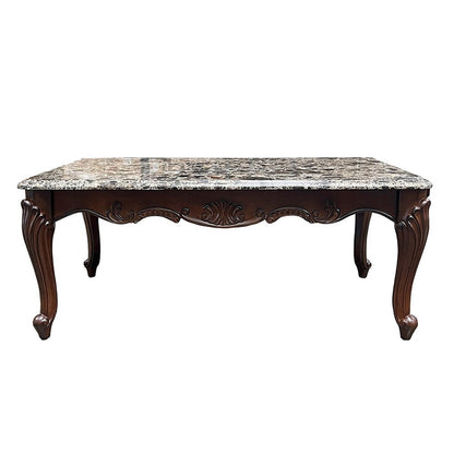 Benjara Aliya Coffee Table, Rectangular 48 Inch Marble Top, Cherry Brown Wood
