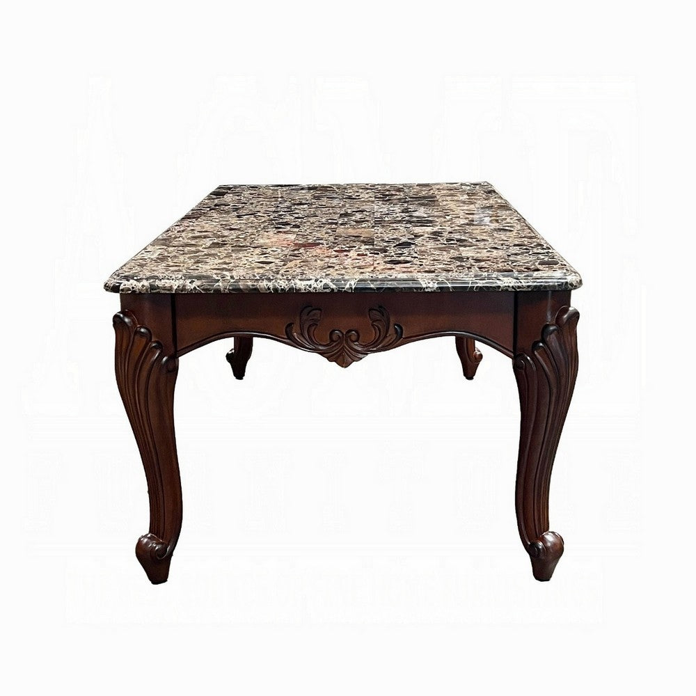 Benjara Aliya Coffee Table, Rectangular 48 Inch Marble Top, Cherry Brown Wood
