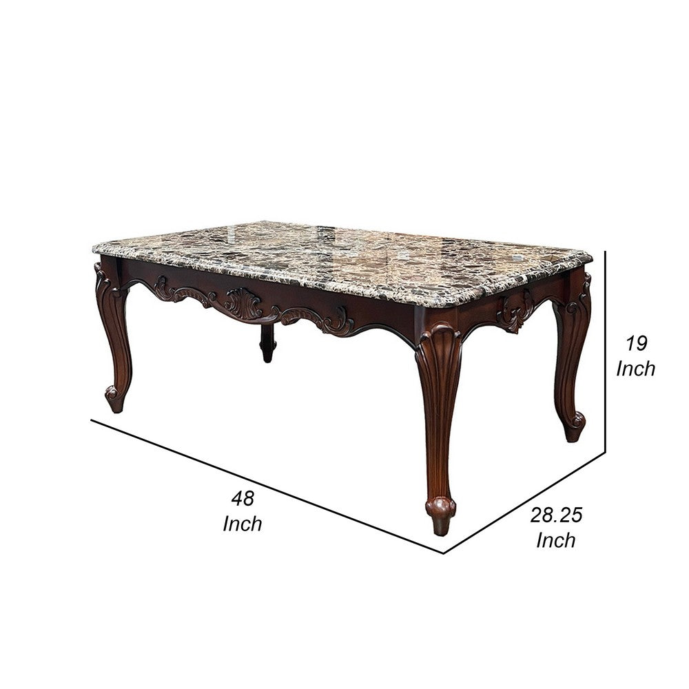 Benjara Aliya Coffee Table, Rectangular 48 Inch Marble Top, Cherry Brown Wood