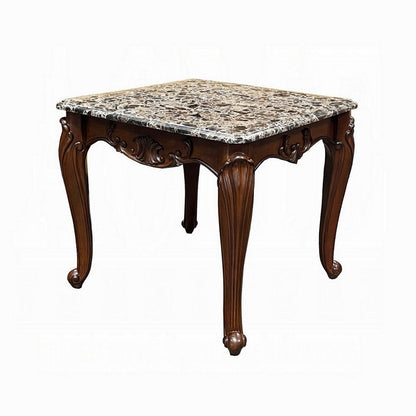 Benjara Aliya Side End Table, Rectangular 28 Inch Marble, Cherry Brown Wood
