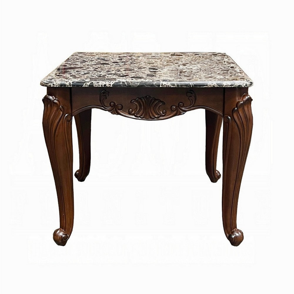 Benjara Aliya Side End Table, Rectangular 28 Inch Marble, Cherry Brown Wood