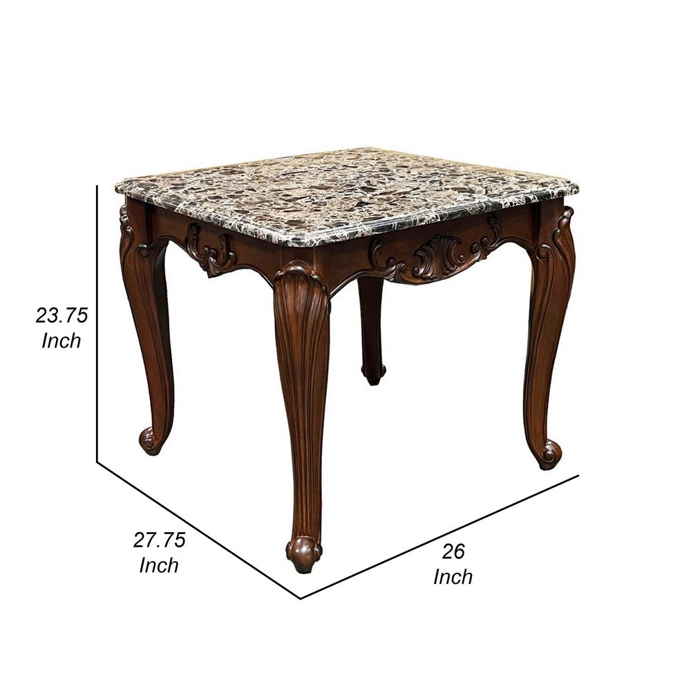 Benjara Aliya Side End Table, Rectangular 28 Inch Marble, Cherry Brown Wood