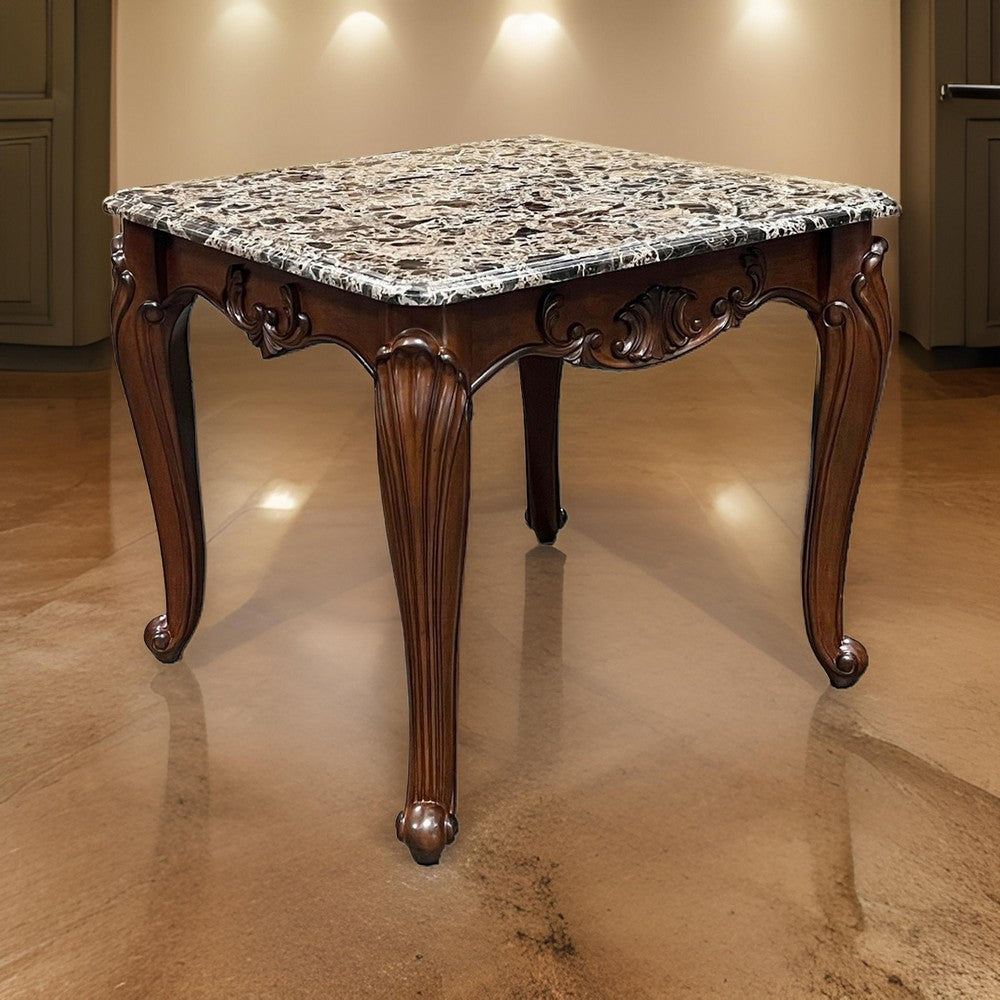 Benjara Aliya Side End Table, Rectangular 28 Inch Marble, Cherry Brown Wood