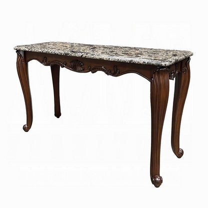 Benjara Aliya Sofa Table, Rectangular 52 Inch Marble Top, Cherry Brown Wood