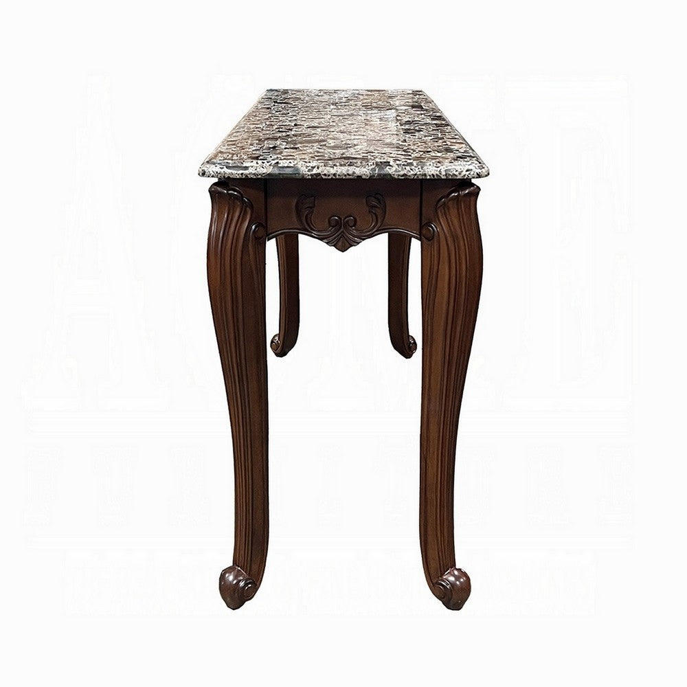 Benjara Aliya Sofa Table, Rectangular 52 Inch Marble Top, Cherry Brown Wood