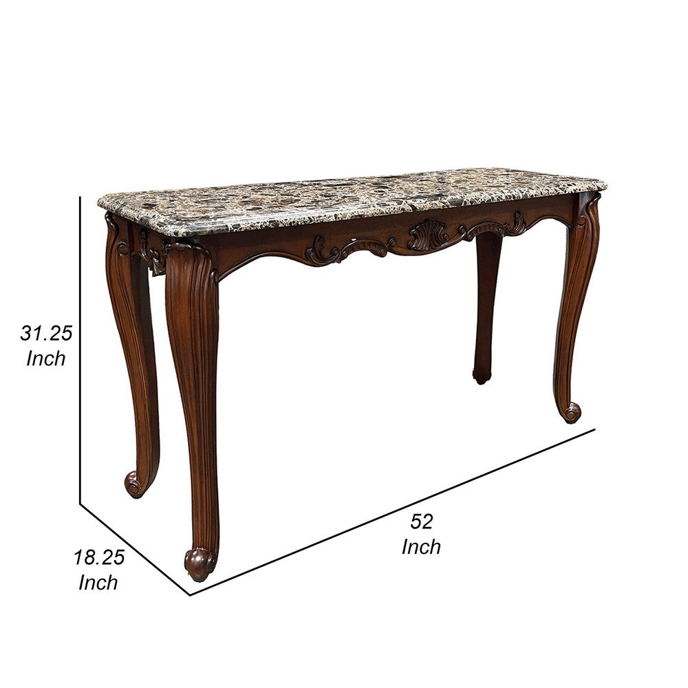 Benjara Aliya Sofa Table, Rectangular 52 Inch Marble Top, Cherry Brown Wood