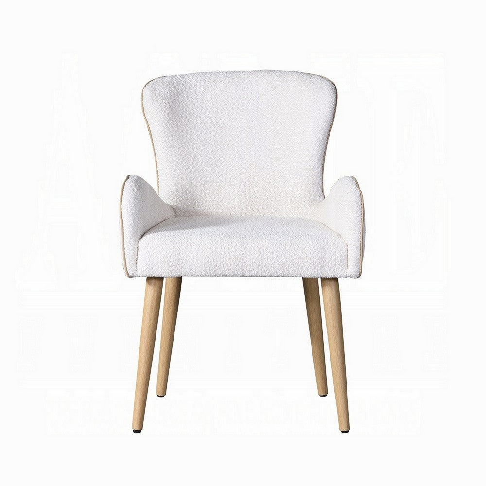 Benjara Willy Side Chair Set of 2, White Boucle, Soft Padding, Brown Wood Legs