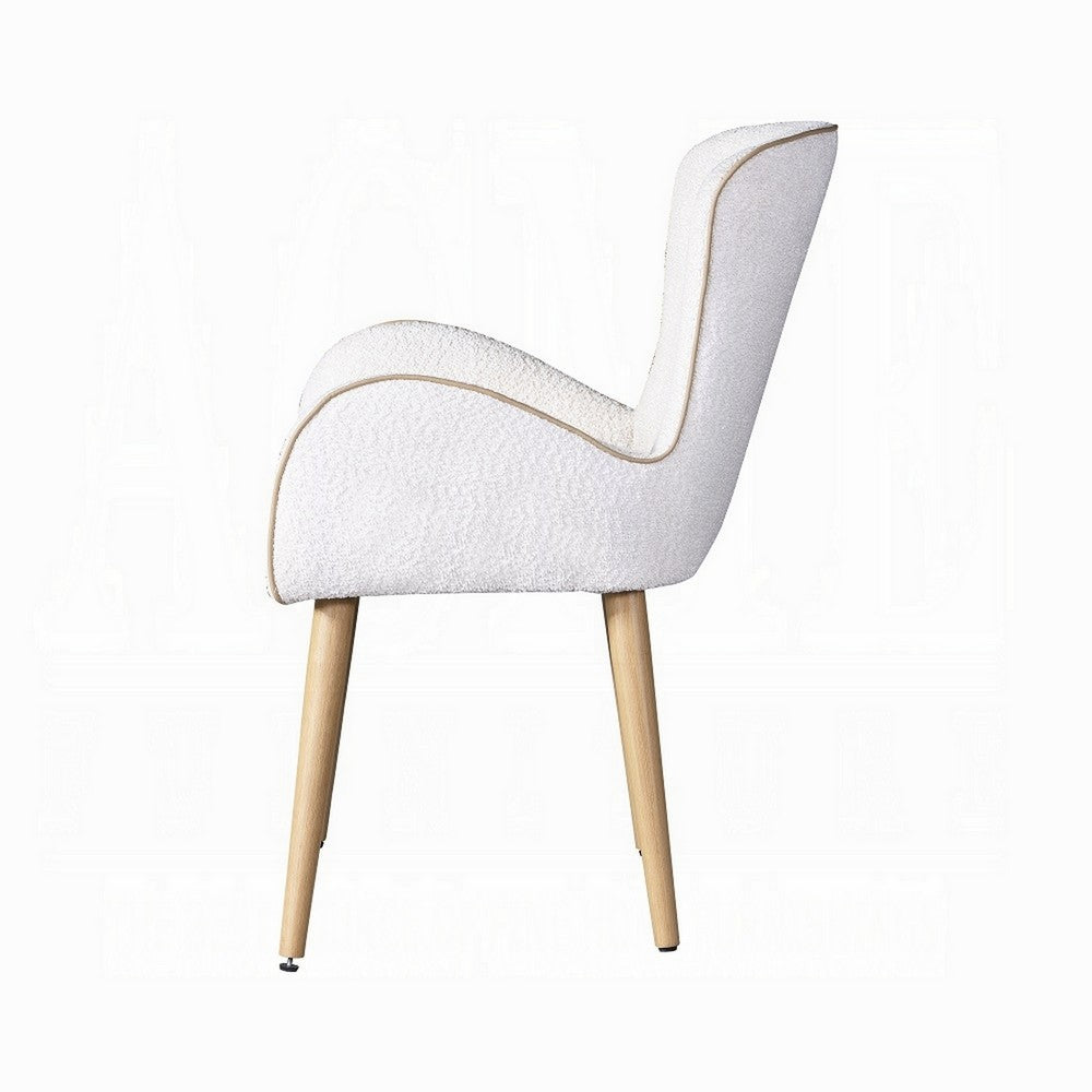Benjara Willy Side Chair Set of 2, White Boucle, Soft Padding, Brown Wood Legs