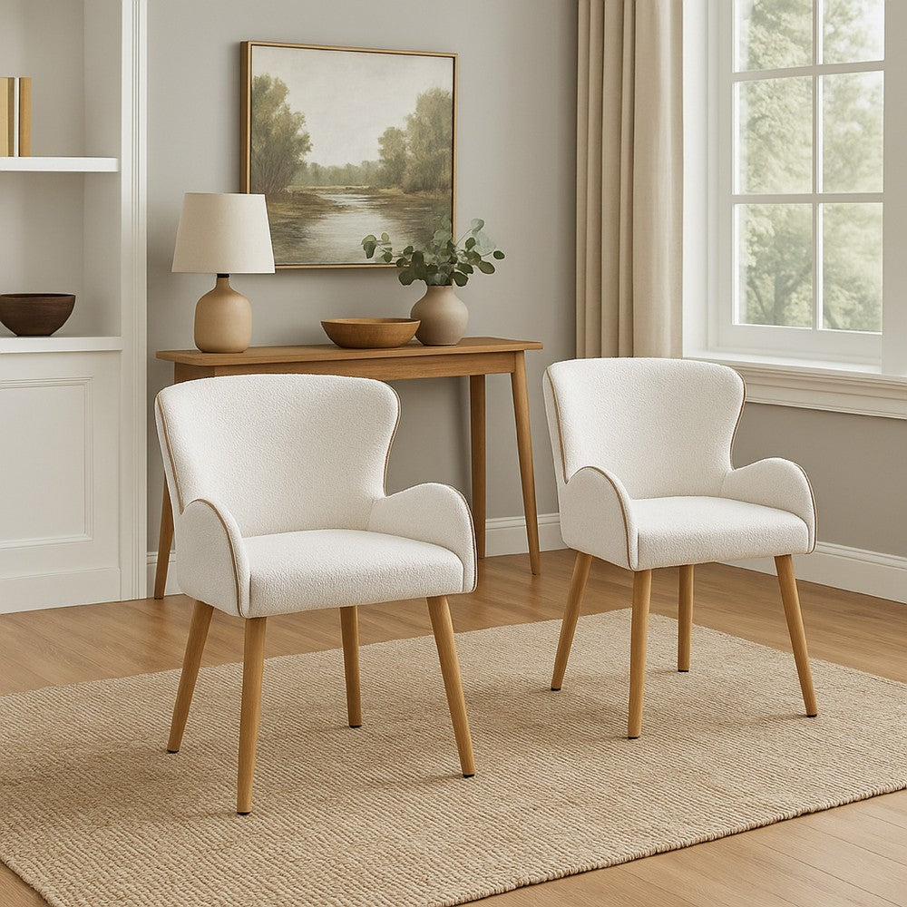 Benjara Willy Side Chair Set of 2, White Boucle, Soft Padding, Brown Wood Legs