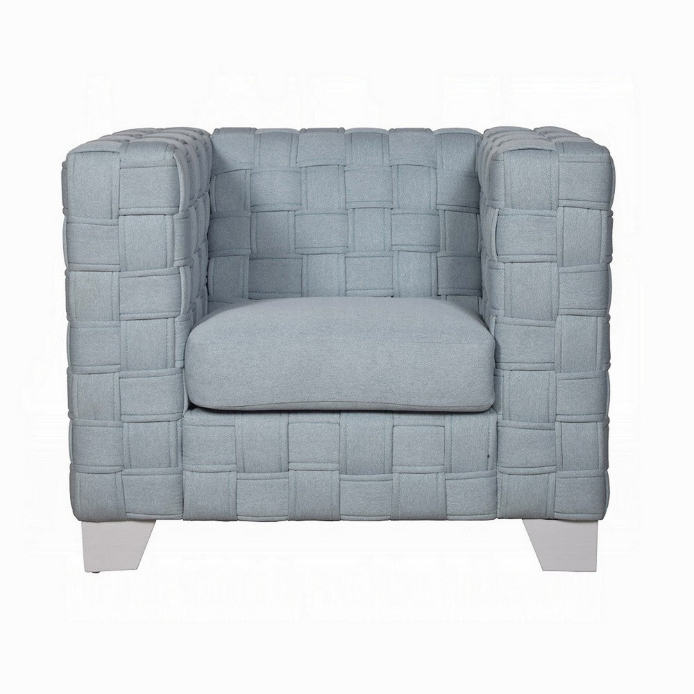 Benjara Reah Accent Chair, Knitted Light Blue Chenille, White Composite Wood