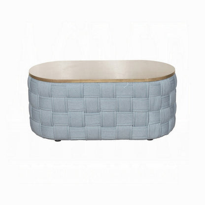 Benjara Reah Coffee Table, Knitted Light Blue Chenille, Brown Wood, 41 Inch
