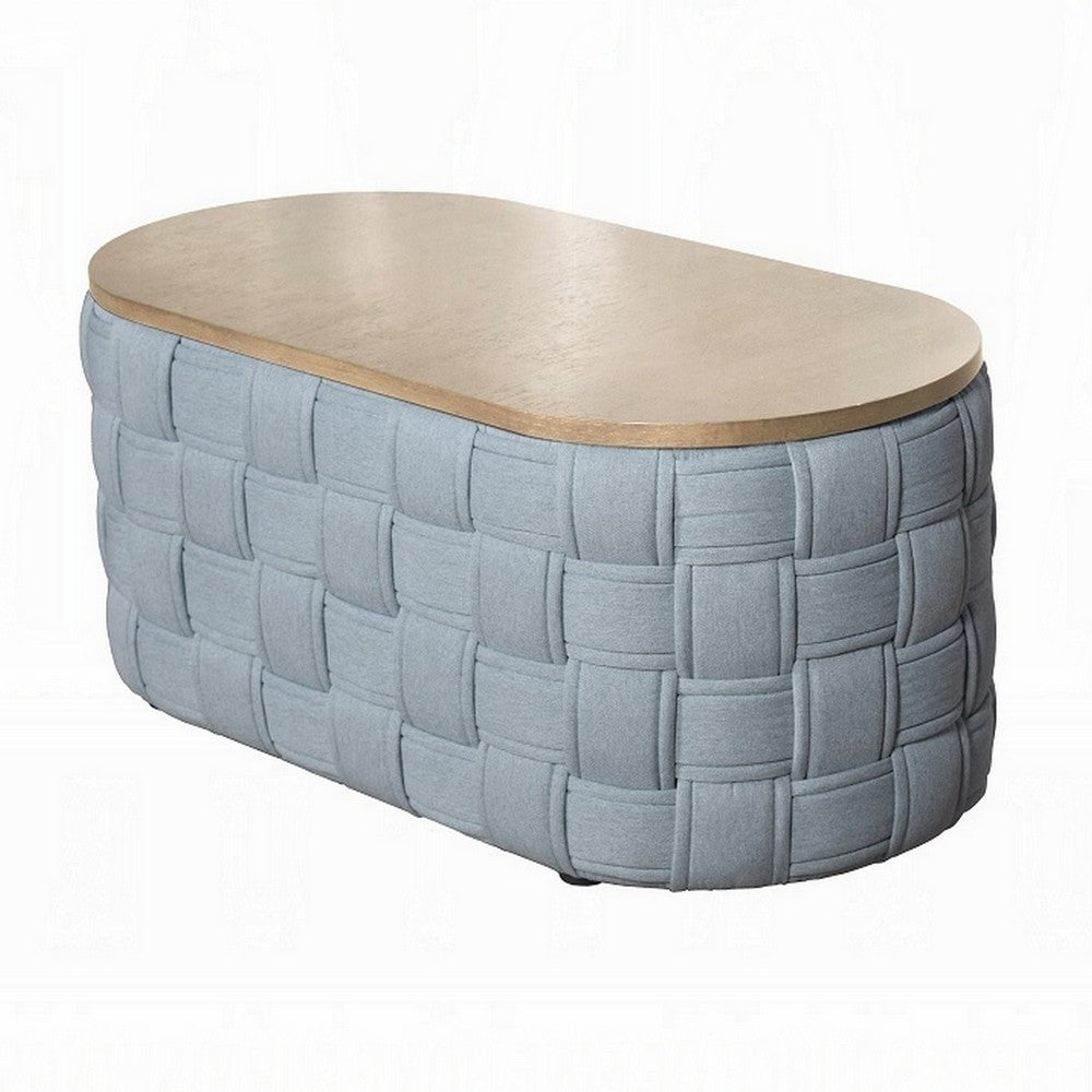 Benjara Reah Coffee Table, Knitted Light Blue Chenille, Brown Wood, 41 Inch