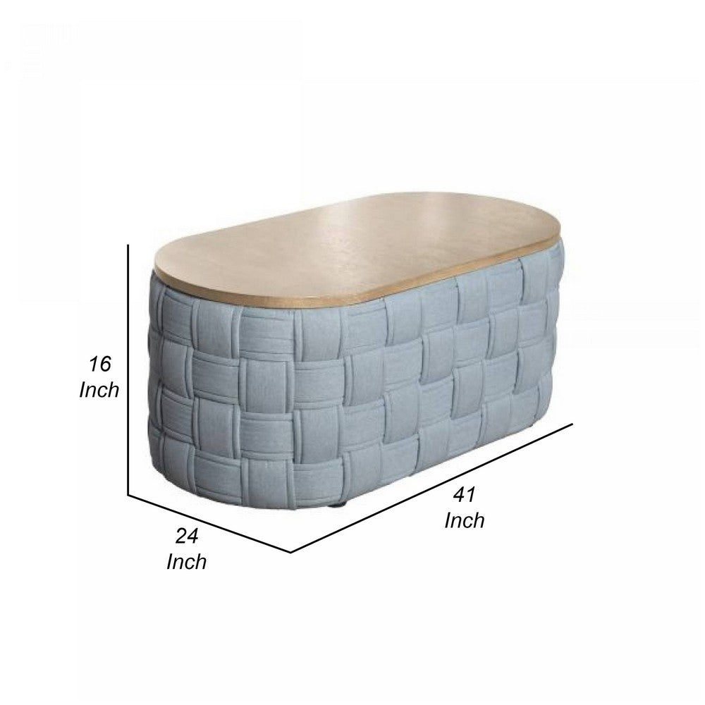 Benjara Reah Coffee Table, Knitted Light Blue Chenille, Brown Wood, 41 Inch