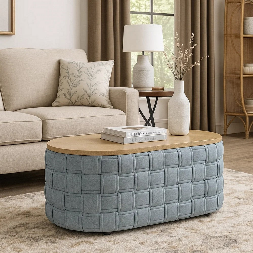 Benjara Reah Coffee Table, Knitted Light Blue Chenille, Brown Wood, 41 Inch