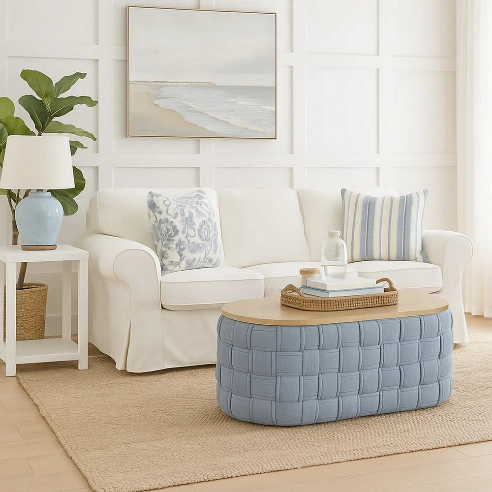 Benjara Reah Coffee Table, Knitted Light Blue Chenille, Brown Wood, 41 Inch