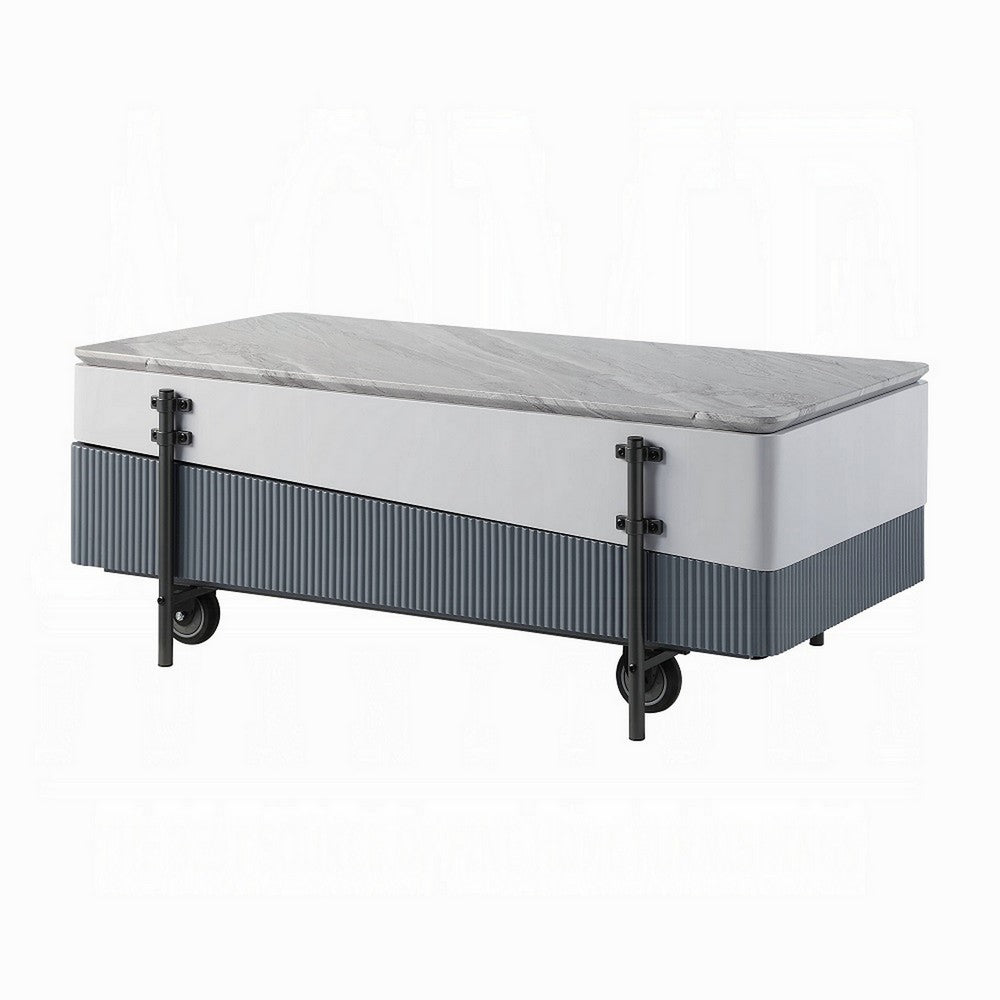 Benjara Mindy Coffee Table with Lift Top, 3 Compartments, White Gray 47 Inch