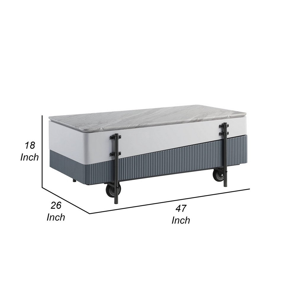 Benjara Mindy Coffee Table with Lift Top, 3 Compartments, White Gray 47 Inch