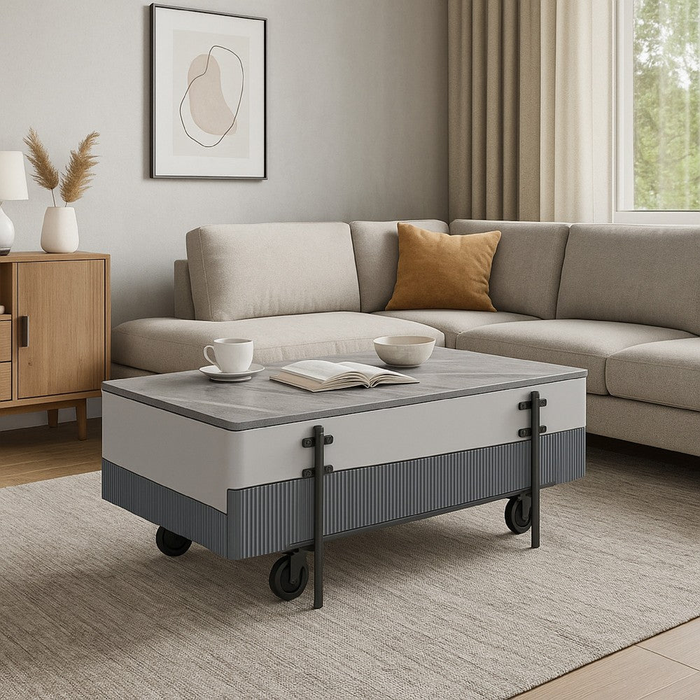 Benjara Mindy Coffee Table with Lift Top, 3 Compartments, White Gray 47 Inch