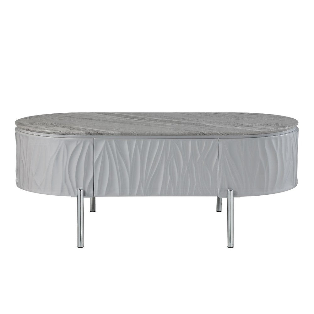 Benjara Doug Coffee Table, Gray High Gloss, Chrome Metal, Gray Wood, 47 Inch