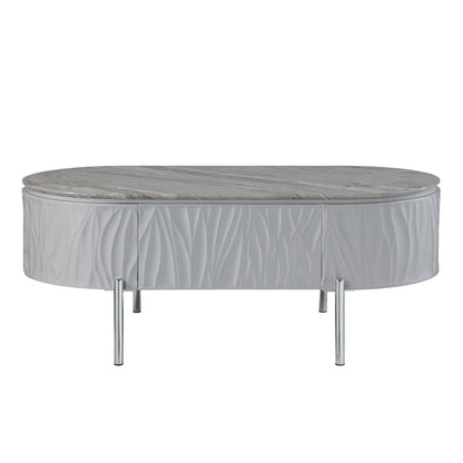 Benjara Doug Coffee Table, Gray High Gloss, Chrome Metal, Gray Wood, 47 Inch