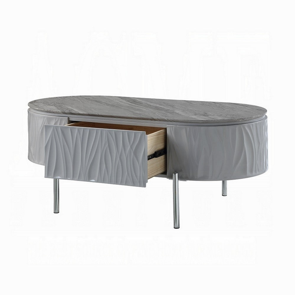 Benjara Doug Coffee Table, Gray High Gloss, Chrome Metal, Gray Wood, 47 Inch