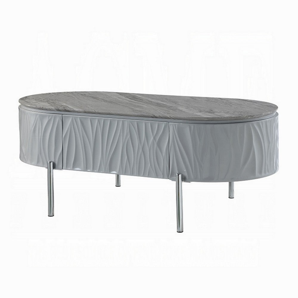 Benjara Doug Coffee Table, Gray High Gloss, Chrome Metal, Gray Wood, 47 Inch