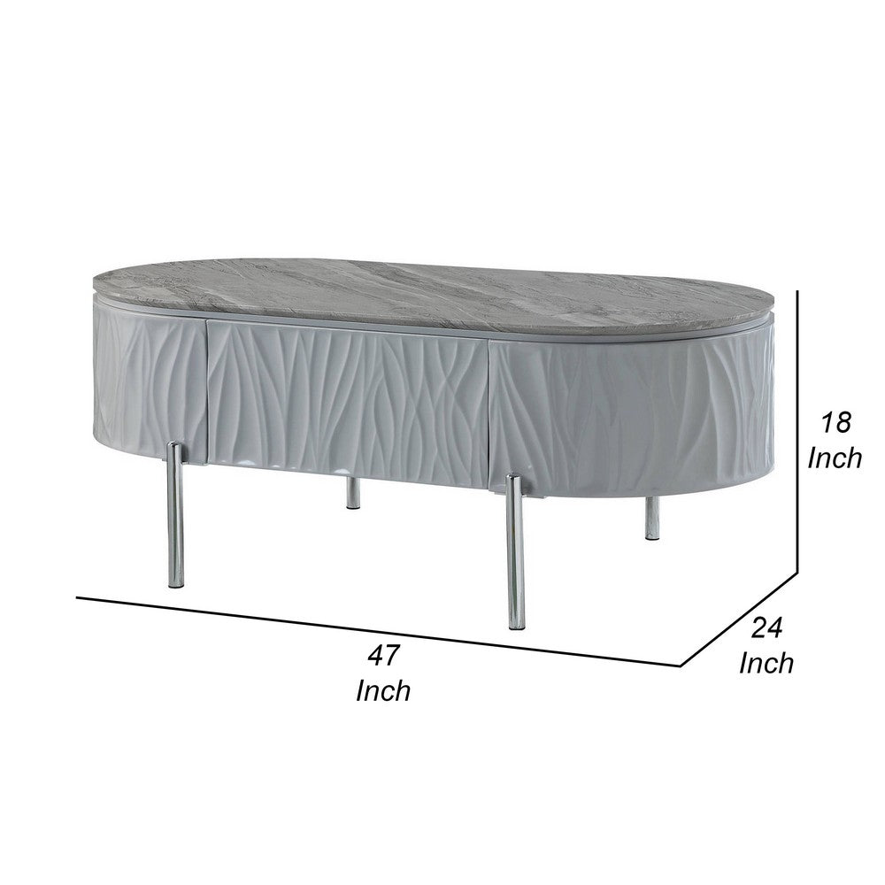 Benjara Doug Coffee Table, Gray High Gloss, Chrome Metal, Gray Wood, 47 Inch
