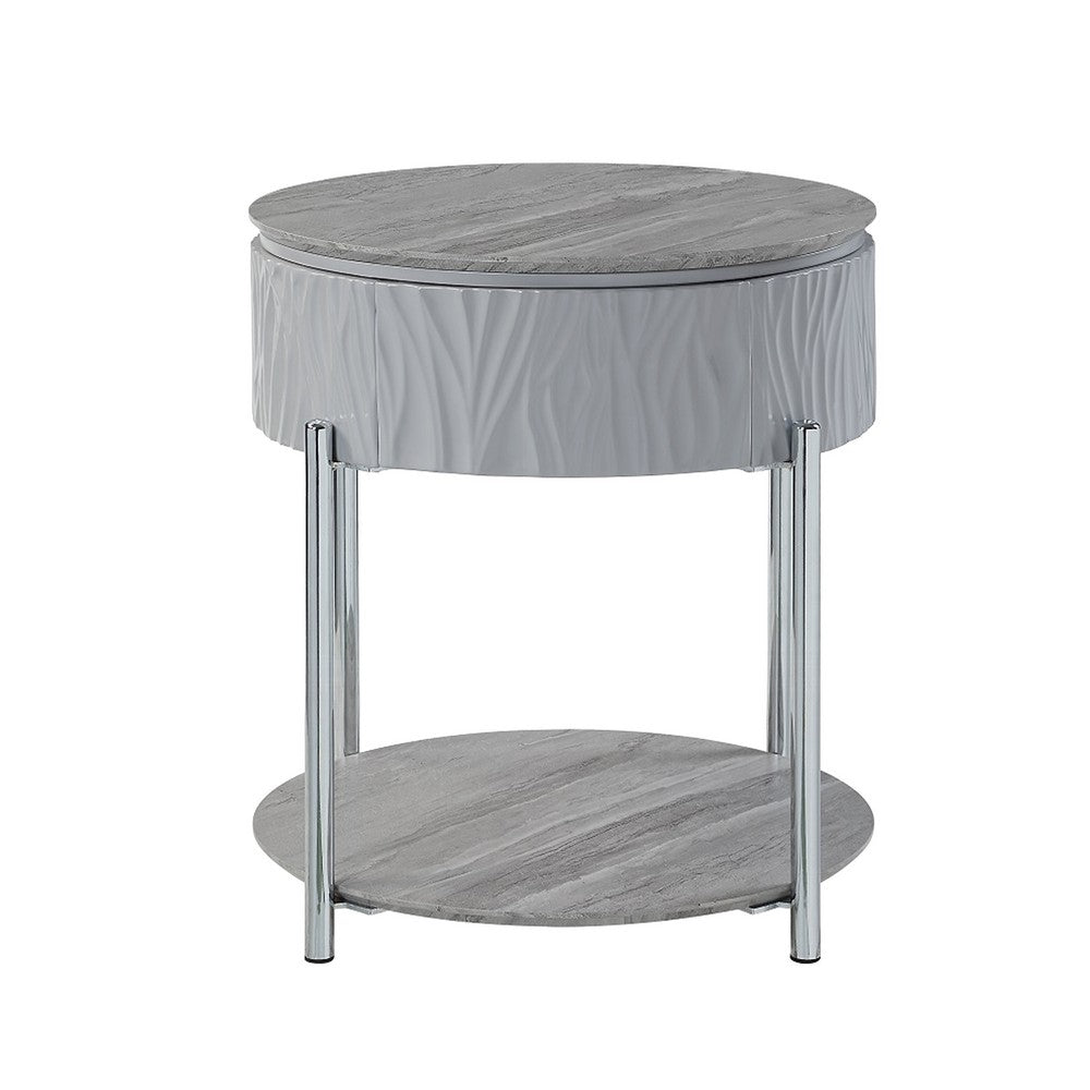 Benjara Doug Side End Table, 22 Inch Gray High Gloss Wood, Chrome Metal Finish