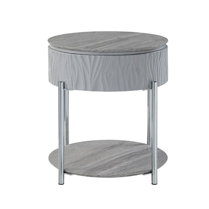 Benjara Doug Side End Table, 22 Inch Gray High Gloss Wood, Chrome Metal Finish
