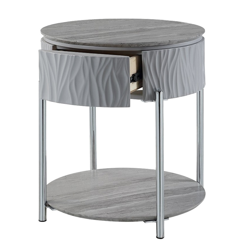 Benjara Doug Side End Table, 22 Inch Gray High Gloss Wood, Chrome Metal Finish