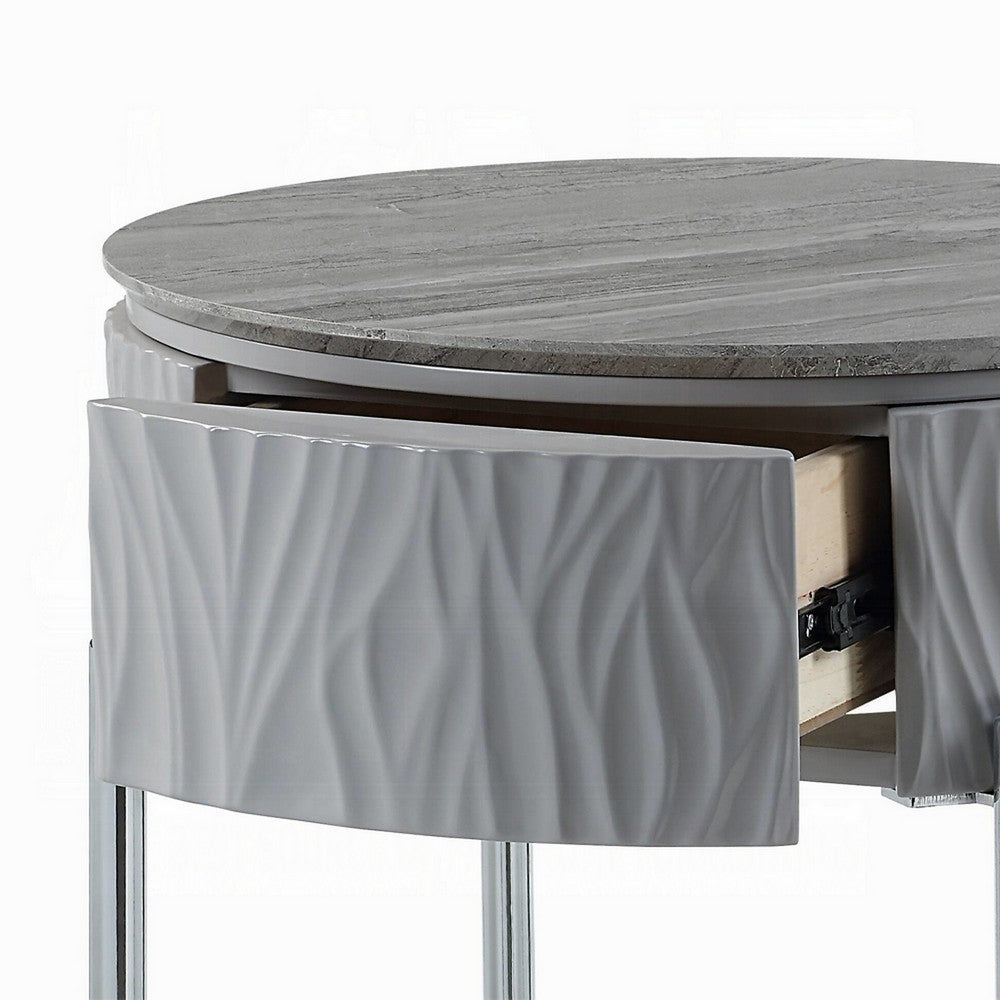 Benjara Doug Side End Table, 22 Inch Gray High Gloss Wood, Chrome Metal Finish