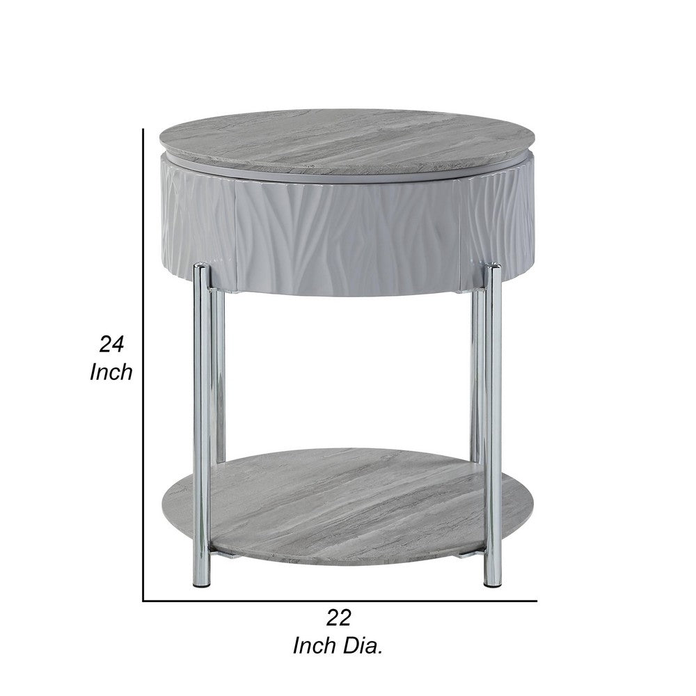 Benjara Doug Side End Table, 22 Inch Gray High Gloss Wood, Chrome Metal Finish