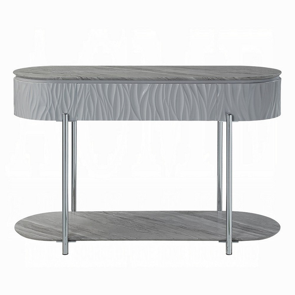 Benjara Doug Sofa Table, Gray High Gloss Wood, Drawers, Chrome Metal, 47 Inch