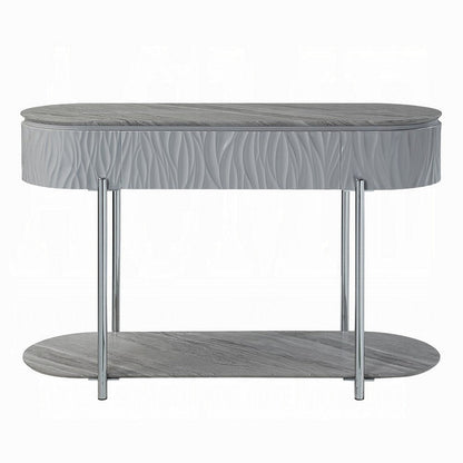 Benjara Doug Sofa Table, Gray High Gloss Wood, Drawers, Chrome Metal, 47 Inch