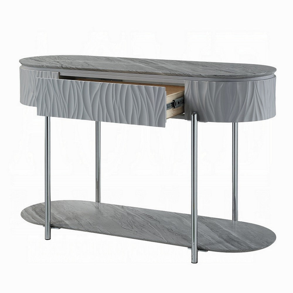 Benjara Doug Sofa Table, Gray High Gloss Wood, Drawers, Chrome Metal, 47 Inch