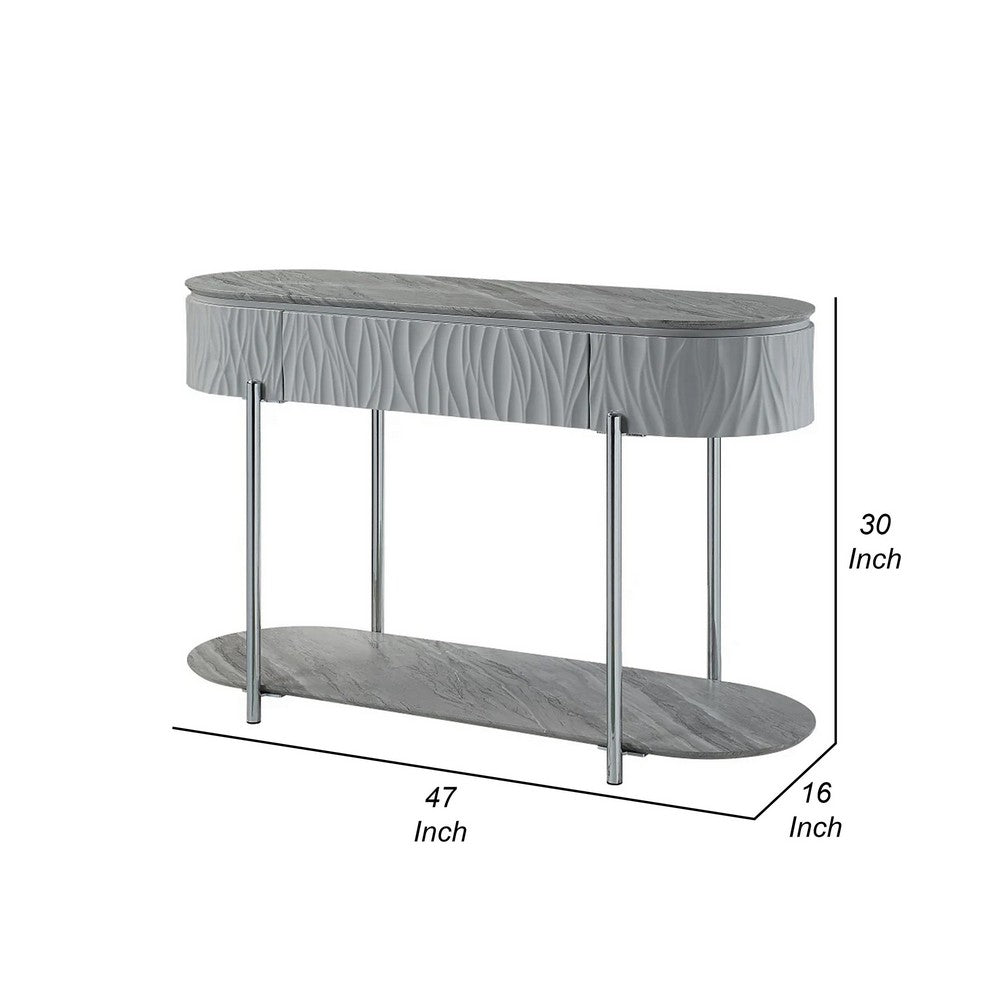 Benjara Doug Sofa Table, Gray High Gloss Wood, Drawers, Chrome Metal, 47 Inch