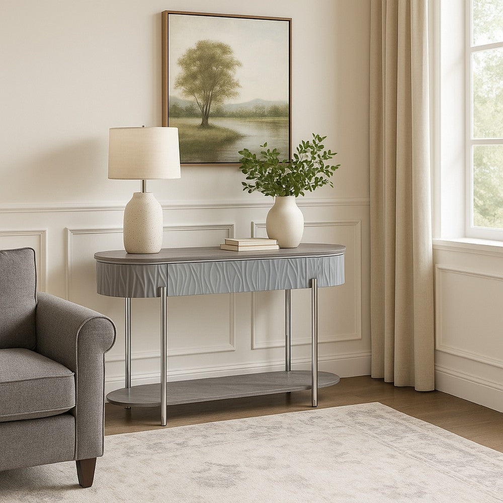 Benjara Doug Sofa Table, Gray High Gloss Wood, Drawers, Chrome Metal, 47 Inch