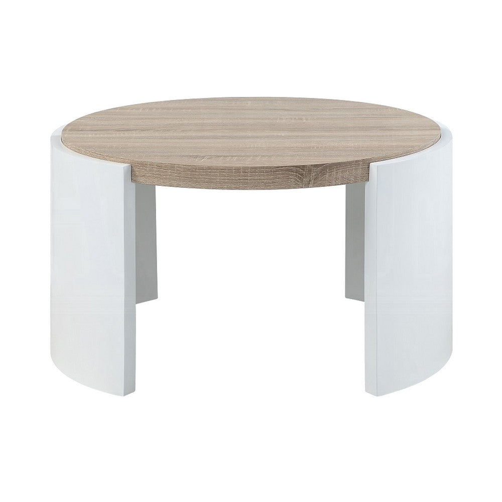 Benjara Romani Coffee Table, White High Gloss Wood, Brown Top, Round 33 Inch