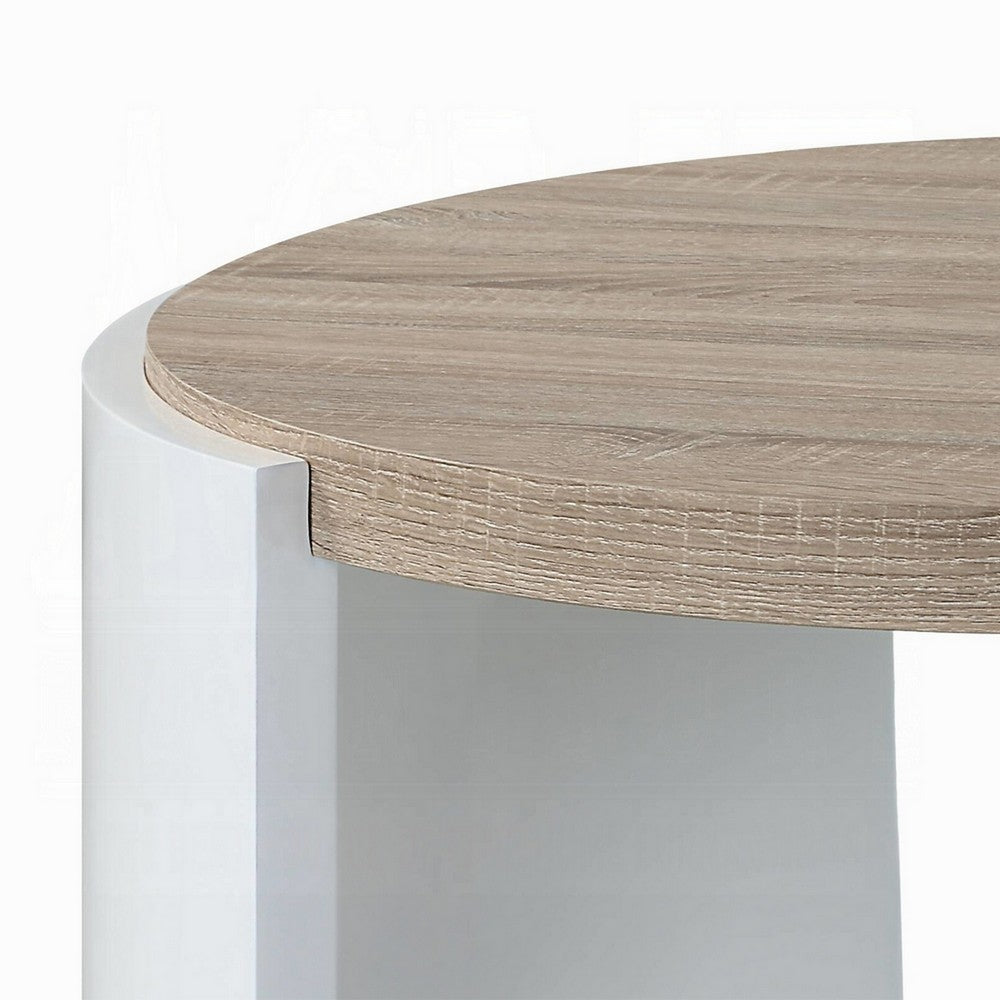 Benjara Romani Coffee Table, White High Gloss Wood, Brown Top, Round 33 Inch