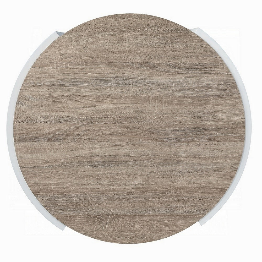 Benjara Romani Coffee Table, White High Gloss Wood, Brown Top, Round 33 Inch