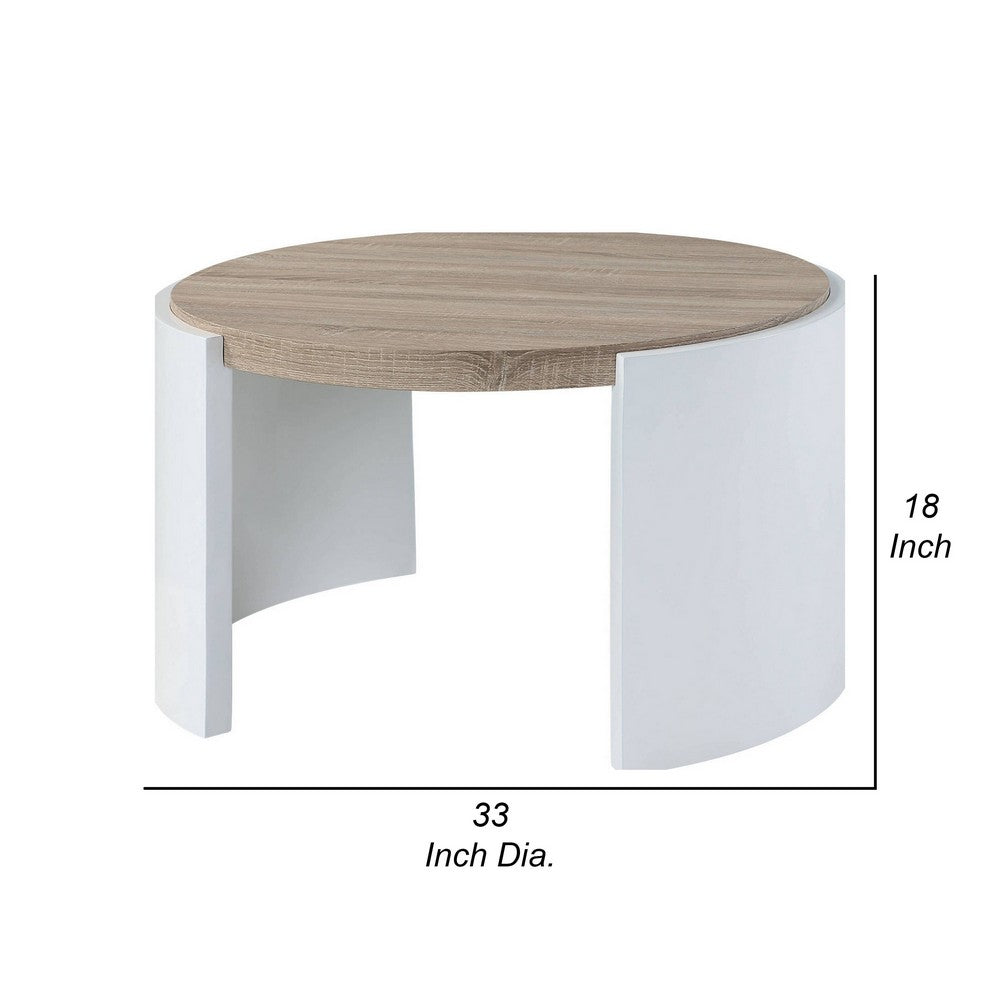Benjara Romani Coffee Table, White High Gloss Wood, Brown Top, Round 33 Inch