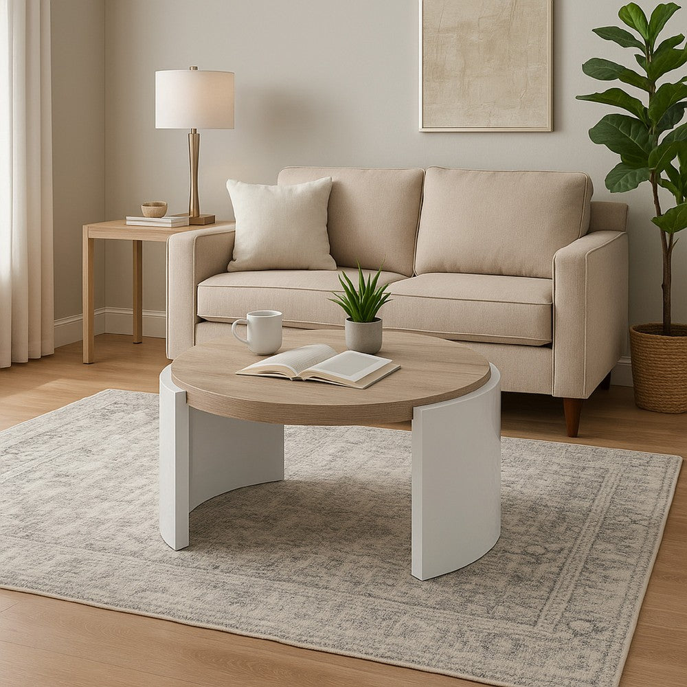 Benjara Romani Coffee Table, White High Gloss Wood, Brown Top, Round 33 Inch