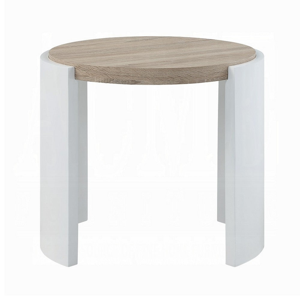 Benjara Romani Side End Table, White High Gloss Wood, Brown Top, Oval 26 Inch