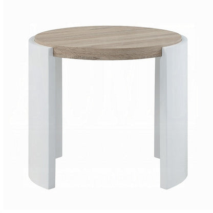 Benjara Romani Side End Table, White High Gloss Wood, Brown Top, Oval 26 Inch