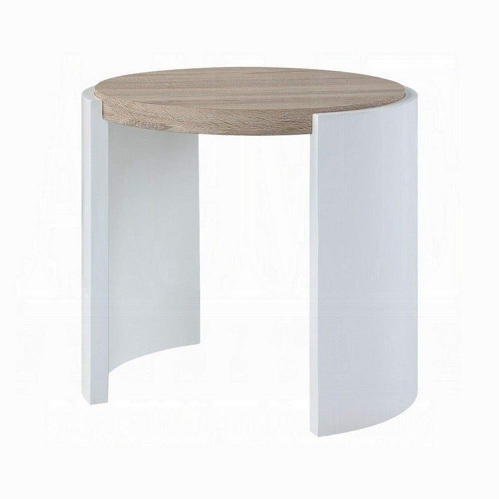 Benjara Romani Side End Table, White High Gloss Wood, Brown Top, Oval 26 Inch
