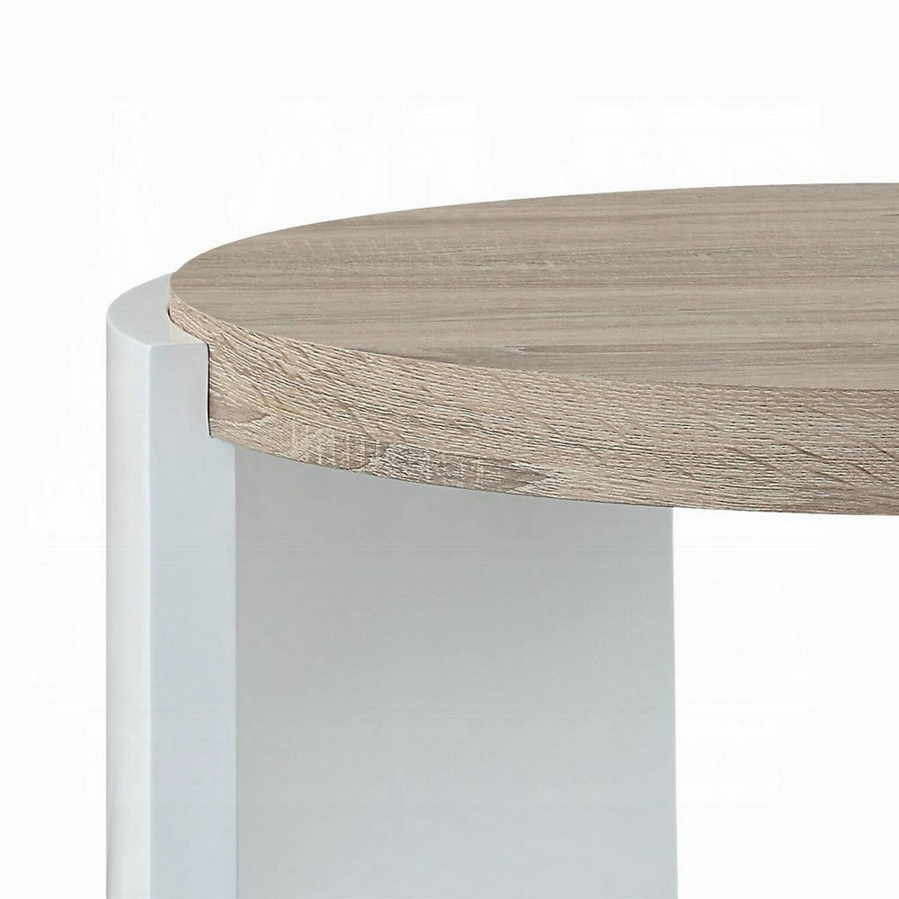 Benjara Romani Side End Table, White High Gloss Wood, Brown Top, Oval 26 Inch