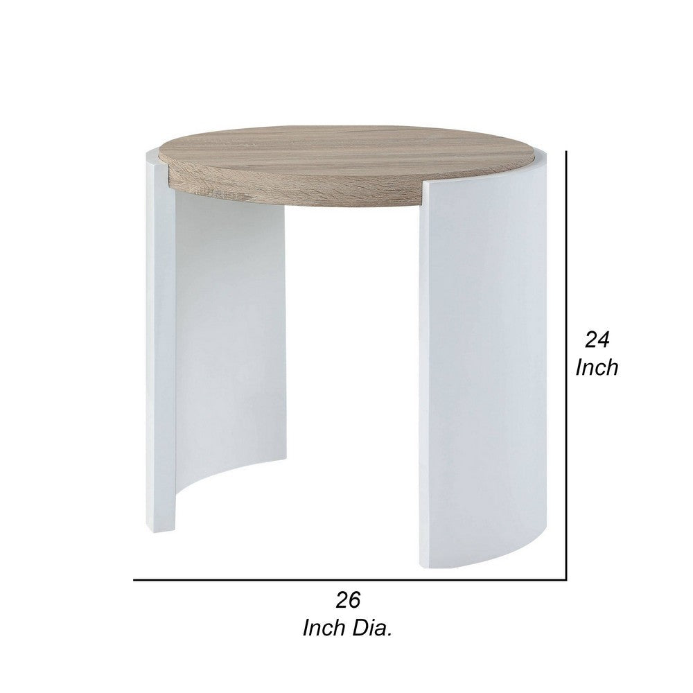 Benjara Romani Side End Table, White High Gloss Wood, Brown Top, Oval 26 Inch