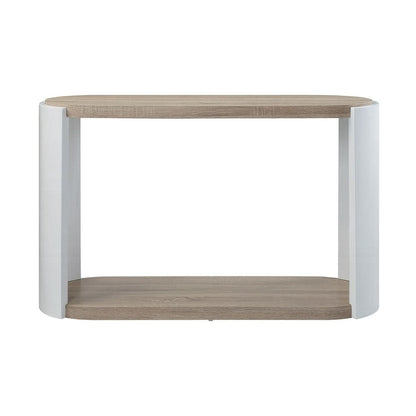 Benjara Romani Sofa Console Table, White High Gloss Wood, Brown, Oval 47 Inch