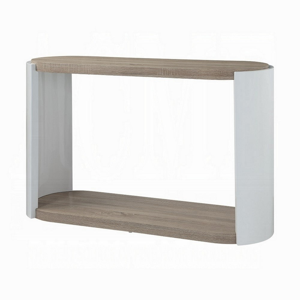 Benjara Romani Sofa Console Table, White High Gloss Wood, Brown, Oval 47 Inch
